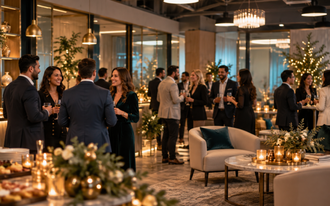 Illustrative upscale corporate holiday party in a modern Mississauga-style business venue with small groups networking