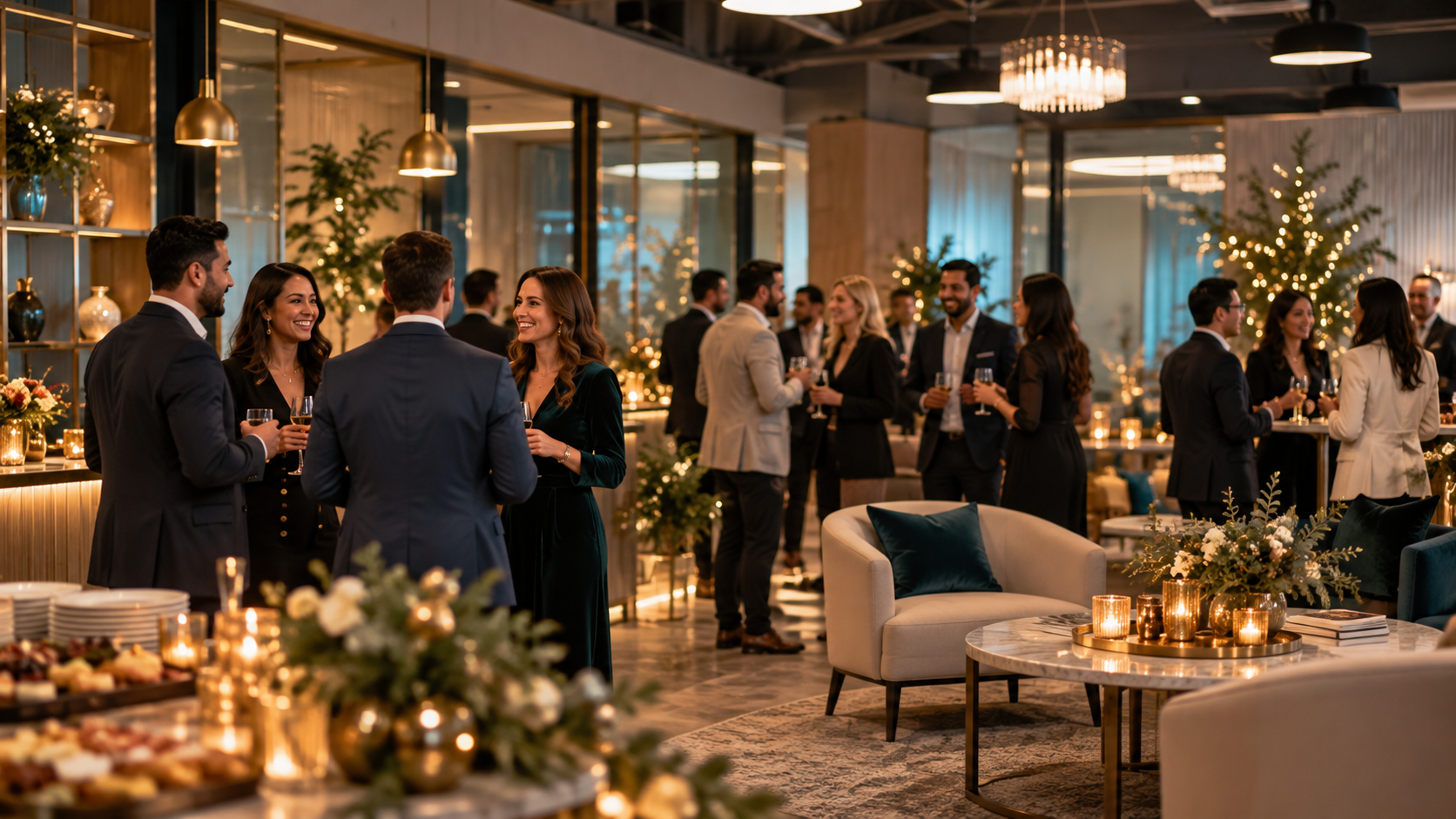 Illustrative upscale corporate holiday party in a modern Mississauga-style business venue with small groups networking