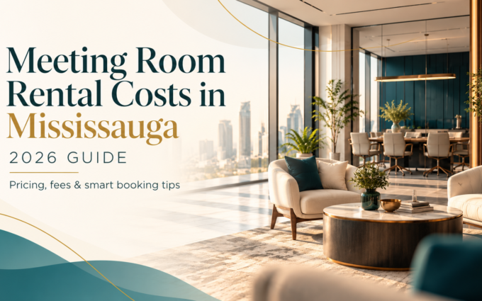 Meeting room rental costs in Mississauga 2026 guide cover showing an illustrative premium boardroom and lounge