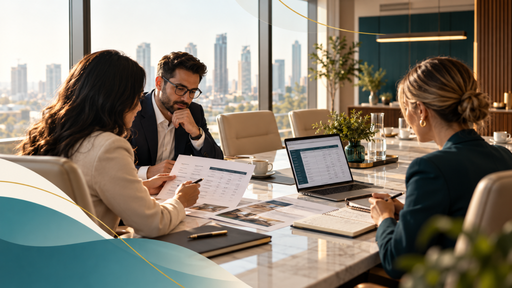 Illustrative business meeting with professionals comparing boardroom rental quotes on printed documents and a laptop