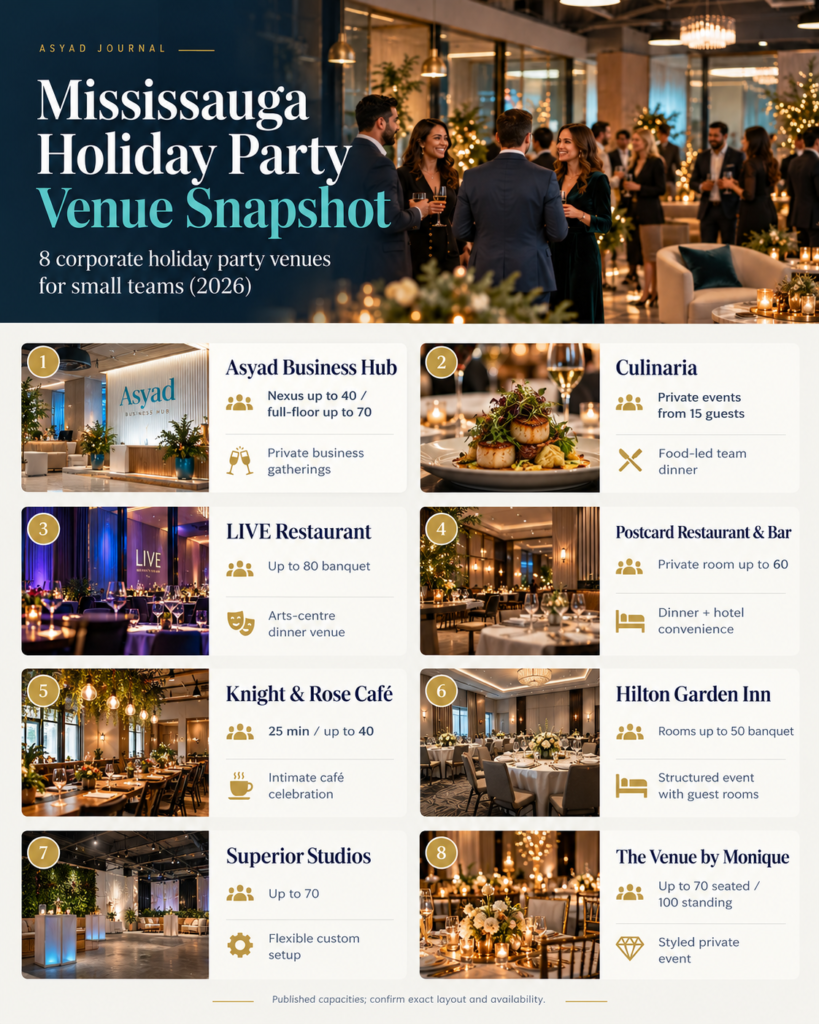 Mississauga corporate holiday party venues comparison infographic: Asyad, Culinaria, LIVE, Postcard, Knight and Rose, Hilton Garden Inn, Superior Studios and The Venue by Monique with guest capacities
