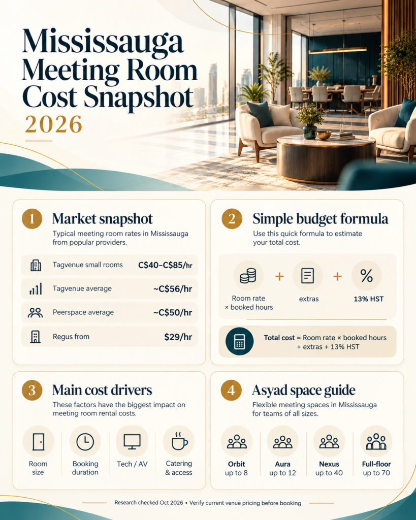 Mississauga 2026 meeting room rental cost infographic comparing indicative hourly rates, 13 percent HST, cost drivers and Asyad room capacities